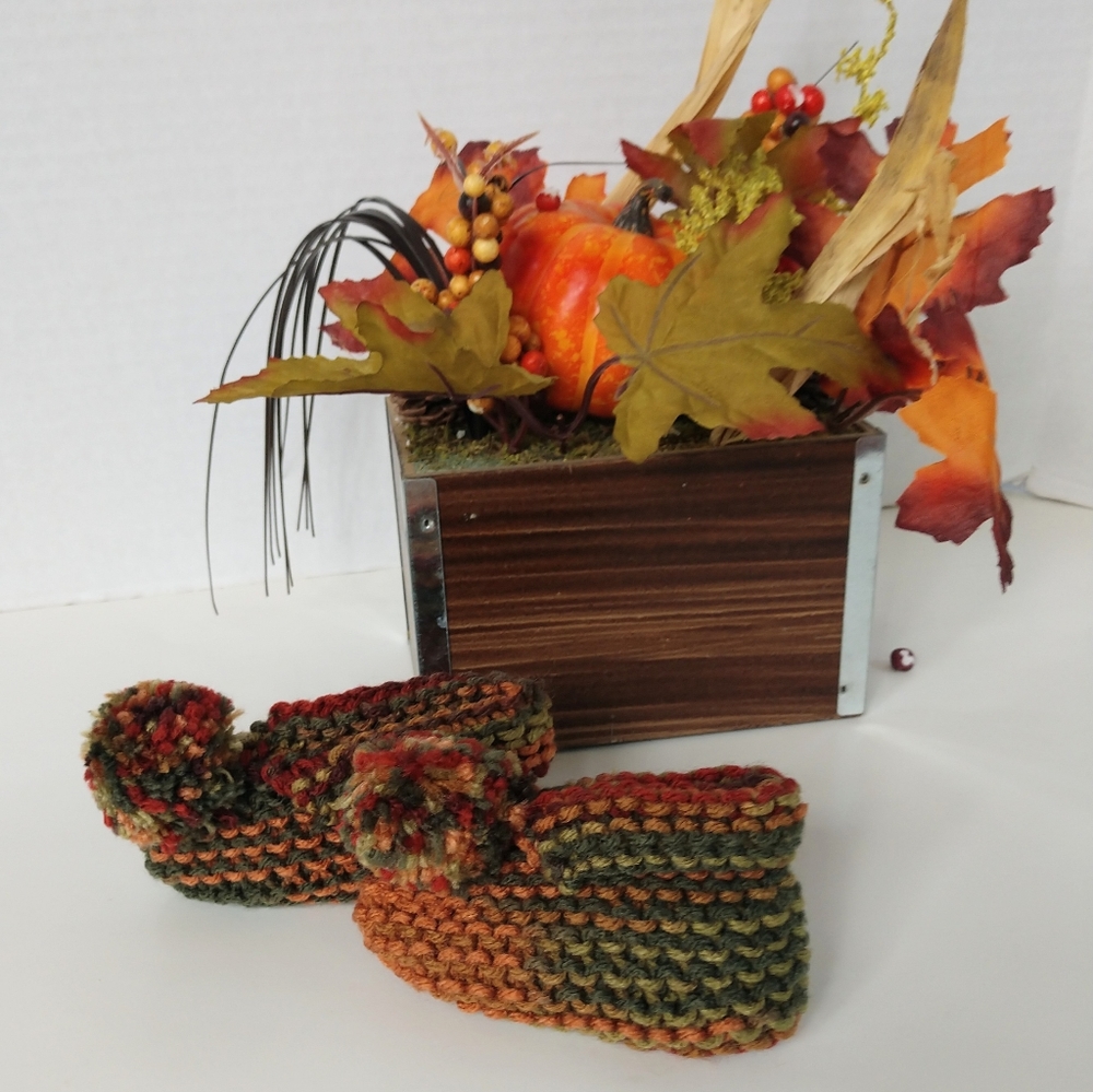 Hand Crafted Baby Slippers Boots Shoes Pompom Knit Browns Greens Orange Fall - Picture 6 of 11